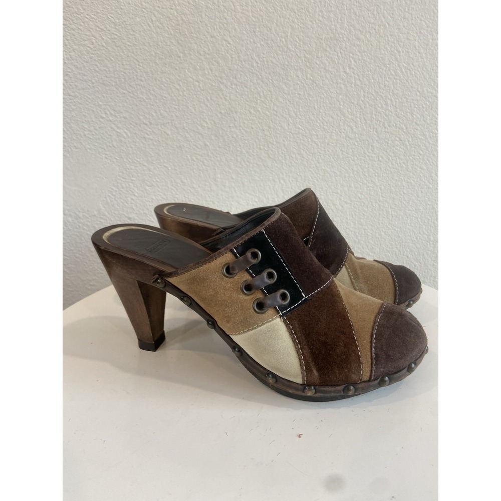 Coach Fallon brown patchwork suede wood heel clogs Women's 5 Made In Italy